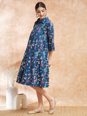 TREADMO Women A-line Blue Knee Length Dress