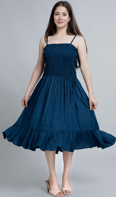HANDISH Women Fit and Flare Blue Below Knee Dress
