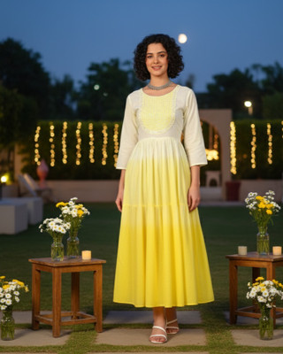 maaesa Women Fit and Flare Yellow Midi/Calf Length Dress