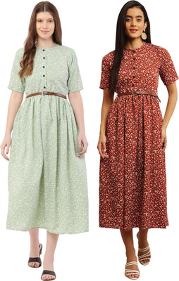 Mamnoon Women Fit and Flare Light Blue, Dark Blue Below Knee Dress
