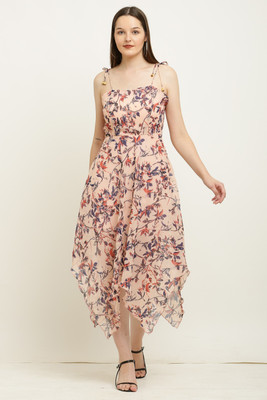 Mamnoon Women Asymmetric Beige Midi/Calf Length Dress
