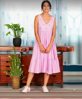Tanu Creation Women Fit and Flare Pink Midi/Calf Length Dress