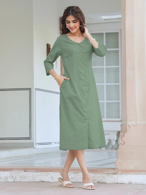 Janasya Women A-line Green Midi/Calf Length Dress