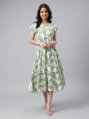 Janasya Women Fit and Flare Green Midi/Calf Length Dress