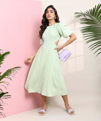 Tokyo Talkies Women Cinched Waist Green Midi/Calf Length Dress
