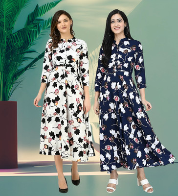AllenQueen Women Maxi White, Blue Midi/Calf Length Dress