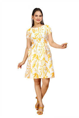 Rinra Women Fit and Flare White, Yellow Knee Length Dress