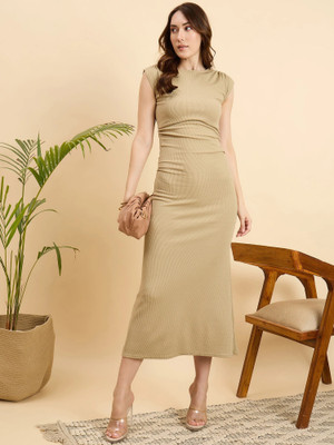 Dwarros Women Bodycon Beige Midi/Calf Length Dress