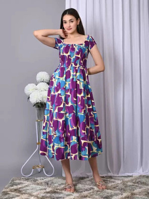VYMO Women Fit and Flare Purple Midi/Calf Length Dress