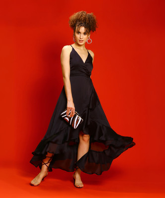 Sera Women Fit and Flare Black Above Knee/Mid Thigh Length Dress
