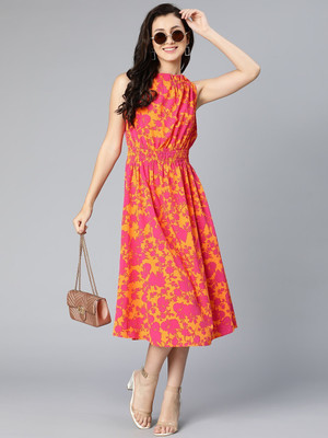 OXOLLOXO Women Fit and Flare Orange Midi/Calf Length Dress