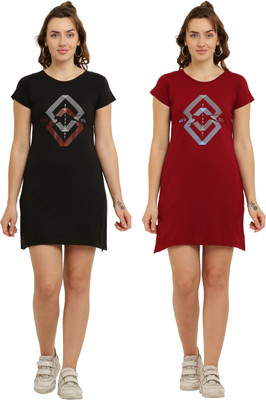HouseOfCommon Women T Shirt Black, Maroon Above Knee/Mid Thigh Length Dress