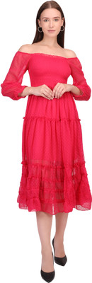 TishuMishu Women Fit and Flare Red Midi/Calf Length Dress