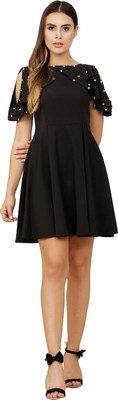 Kitty Fashion Women Fit and Flare Black Above Knee/Mid Thigh Length Dress