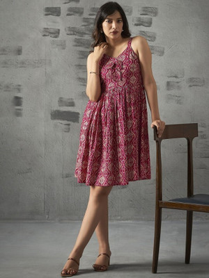 ANOUK Women Fit and Flare Pink Knee Length Dress