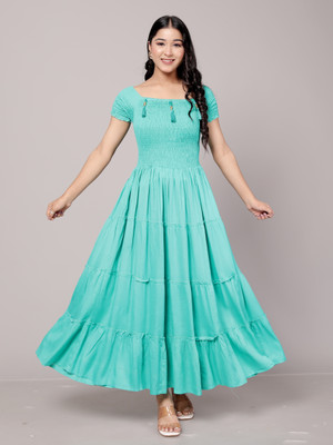 PRANJAL ENTERPRISES Women Fit and Flare Light Green Maxi/Full Length Dress