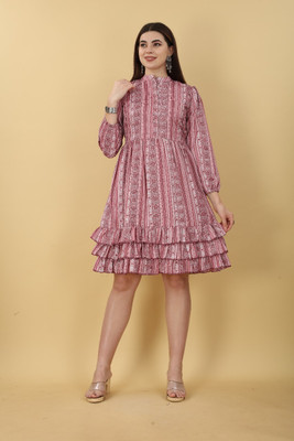 KAUTAQI Women Fit and Flare Pink Midi/Calf Length Dress