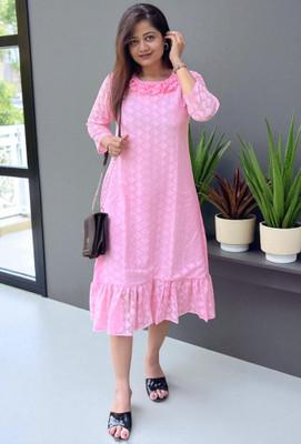 Bhanderi Creation Women A-line Pink Midi/Calf Length Dress