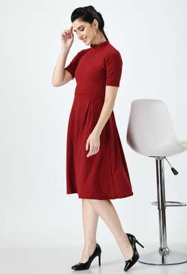 GLADLY Women Fit and Flare Red Knee Length Dress