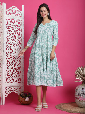 Rajnandini Women A-line Green, White Midi/Calf Length Dress