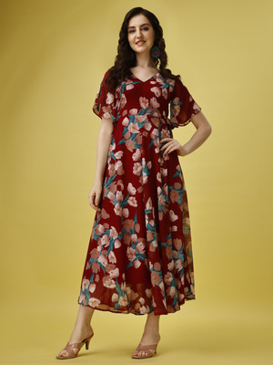 HouseOfCommon Women Maxi Maroon Full Length Dress