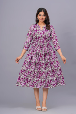 Sanganeri Kurti Women Fit and Flare Purple Midi/Calf Length Dress