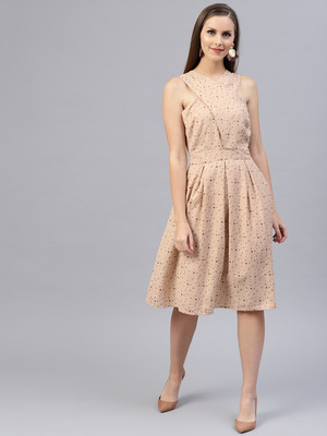 ZIMA LETO Women Fit and Flare Beige Knee Length Dress