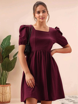 Dwarros Women Fit and Flare Maroon Above Knee/Mid Thigh Length Dress
