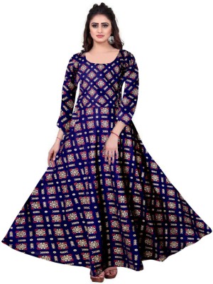 Hans Craft And Creation Women Fit and Flare Dark Blue, Red, Beige Dress