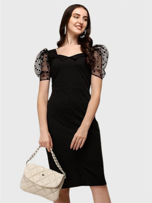 Selvia Women Bodycon Black Below Knee Dress