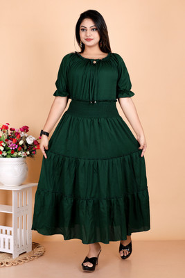 Tip Top Fashion Women A-line Green Midi/Calf Length Dress