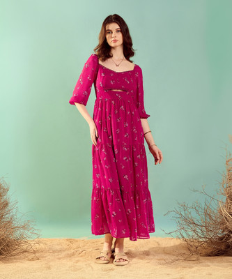 KASSUALLY Women Fit and Flare Pink Maxi/Full Length Dress
