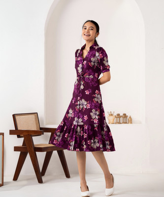 AASK Women Fit and Flare Purple Knee Length Dress