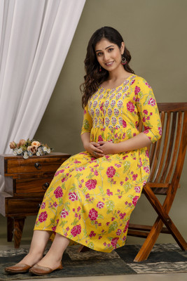COTTON MULMUL STORE Women Fit and Flare Yellow Midi/Calf Length Dress