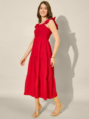 DIMPY GARMENTS Women Ruffled Red Midi/Calf Length Dress