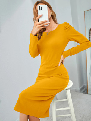 Crispin Women Bodycon Yellow Midi/Calf Length Dress