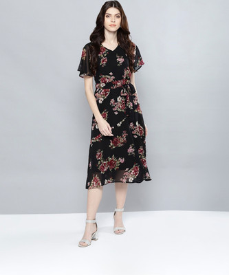 HARPA Women A-line Black Midi/Calf Length Dress