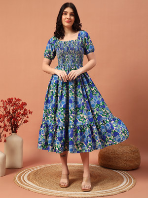 ZWERLON Women A-line Blue Midi/Calf Length Dress