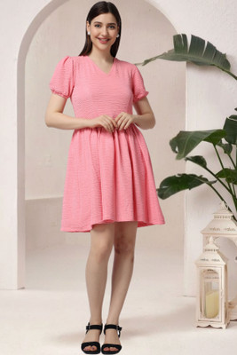 POPWINGS Women Fit and Flare Pink Above Knee/Mid Thigh Length Dress