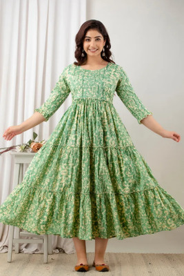 DRISHTI TEXTILE Women Gown Green Midi/Calf Length Dress