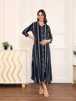 MomToBe Women A-line Green, White, Dark Blue Midi/Calf Length Dress