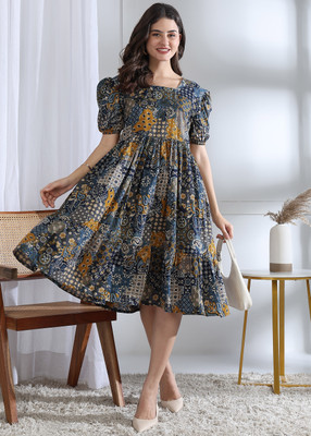 Moda Rapido Women Fit and Flare Multicolor Below Knee Dress