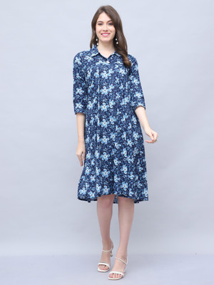Wonder Weaves Women A-line Dark Blue Knee Length Dress
