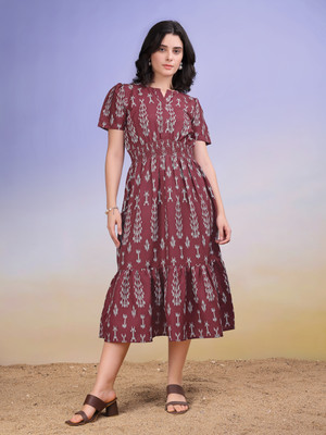 PURVAJA Women Fit and Flare Maroon Midi/Calf Length Dress