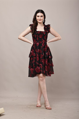vivient Women Layered Black Above Knee/Mid Thigh Length Dress