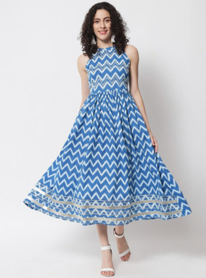 MEERANSHI LIVING Women Fit and Flare Blue Midi/Calf Length Dress