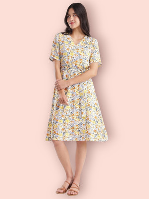 KAUTAQI Women Ethnic Dress Beige Midi/Calf Length Dress