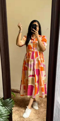 Zwc Women Fit and Flare Multicolor Below Knee Dress