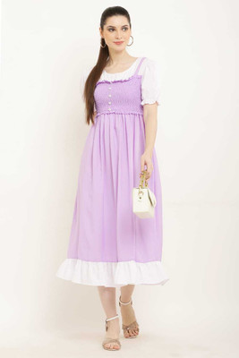 Muskan Enterprises Women Fit and Flare Purple, White Midi/Calf Length Dress
