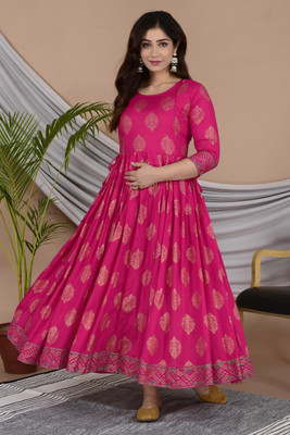 vijay garments Women Fit and Flare Pink Midi/Calf Length Dress